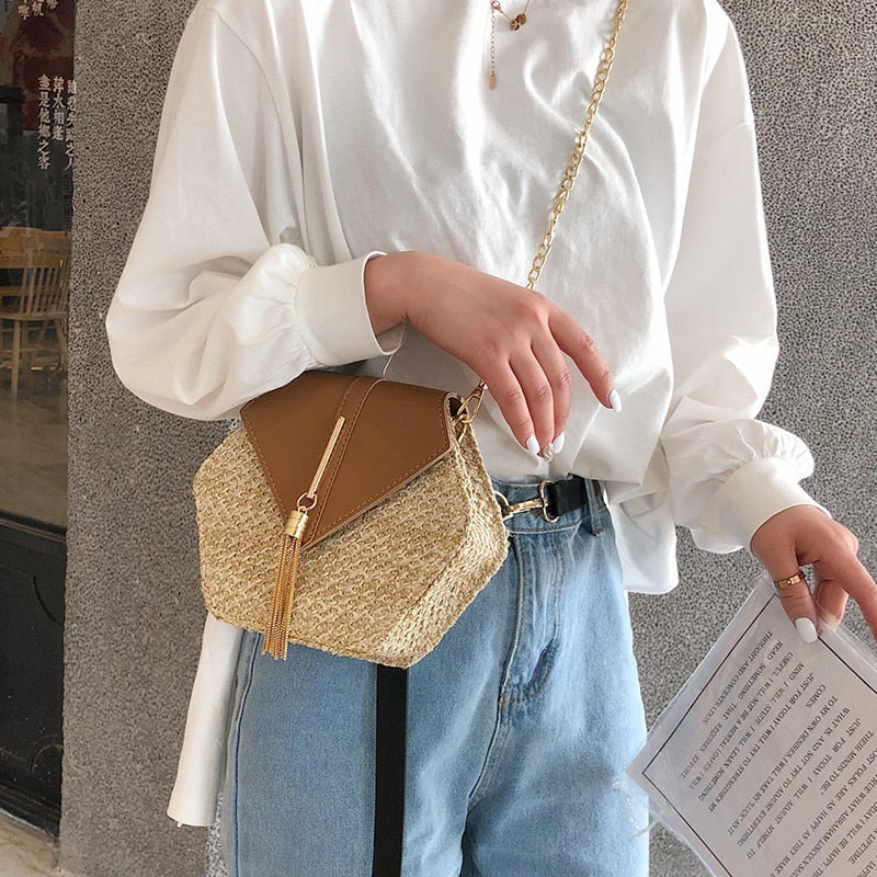 Woven Bohemian Straw/leather Handbag